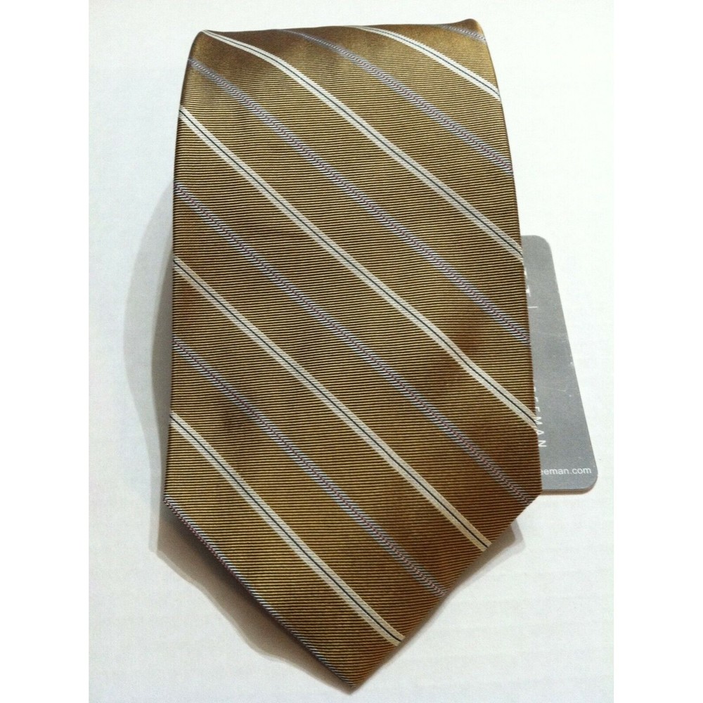 HICKEY FREEMAN MENS NEW GOLD 100% SILK WIDE STRIPED NECK TIE WIDTH: 4"